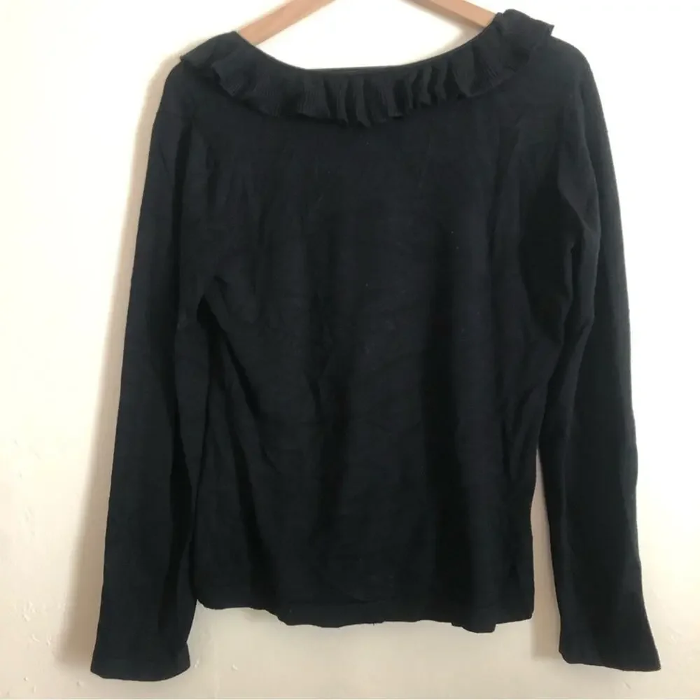 Debbie Morgan Black Long Sleeve V-Neck Ruffle Front Soft Knit Pullover Sweater